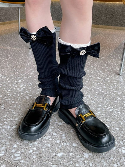 Black/White Leg Sleeves With Black Bowknot Details