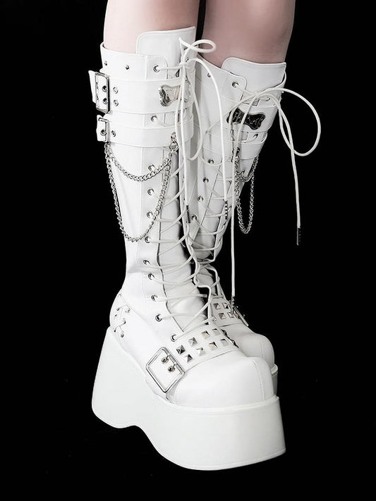 Bone-shaped Metal Plates Matte White Punk Wedge Platform Knee-high Boots with Studs and Chains