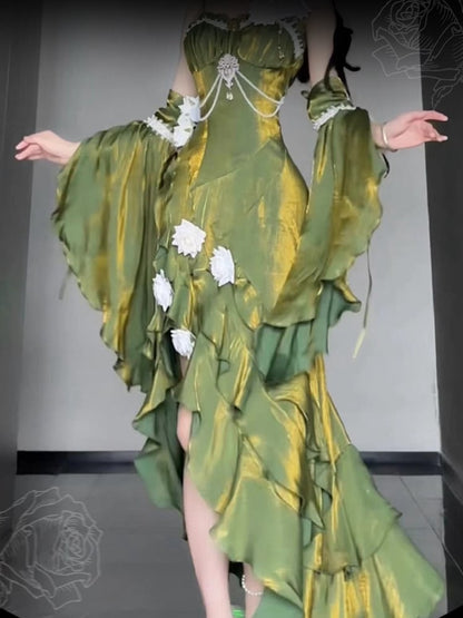 Clearance-Size XL for Bust 94CM Green Evening Gown Rosette Mermaid Dress with Detachable Flounce Sleeves