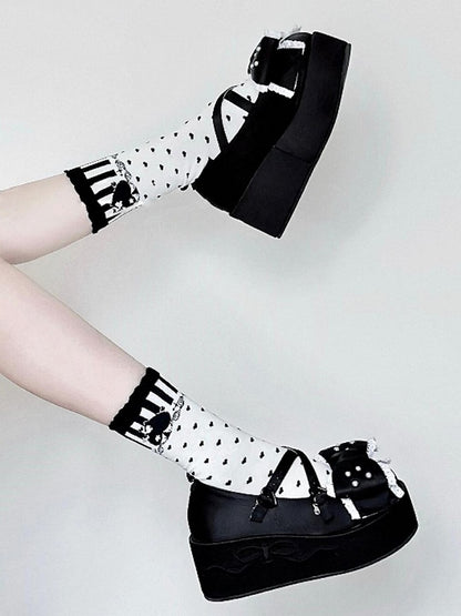 Black Ace of Spades Heart Print Lolita Calf Socks