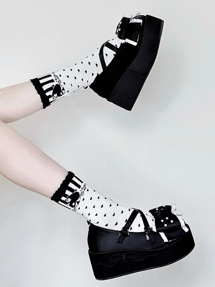 Black Ace of Spades Heart Print Lolita Calf Socks