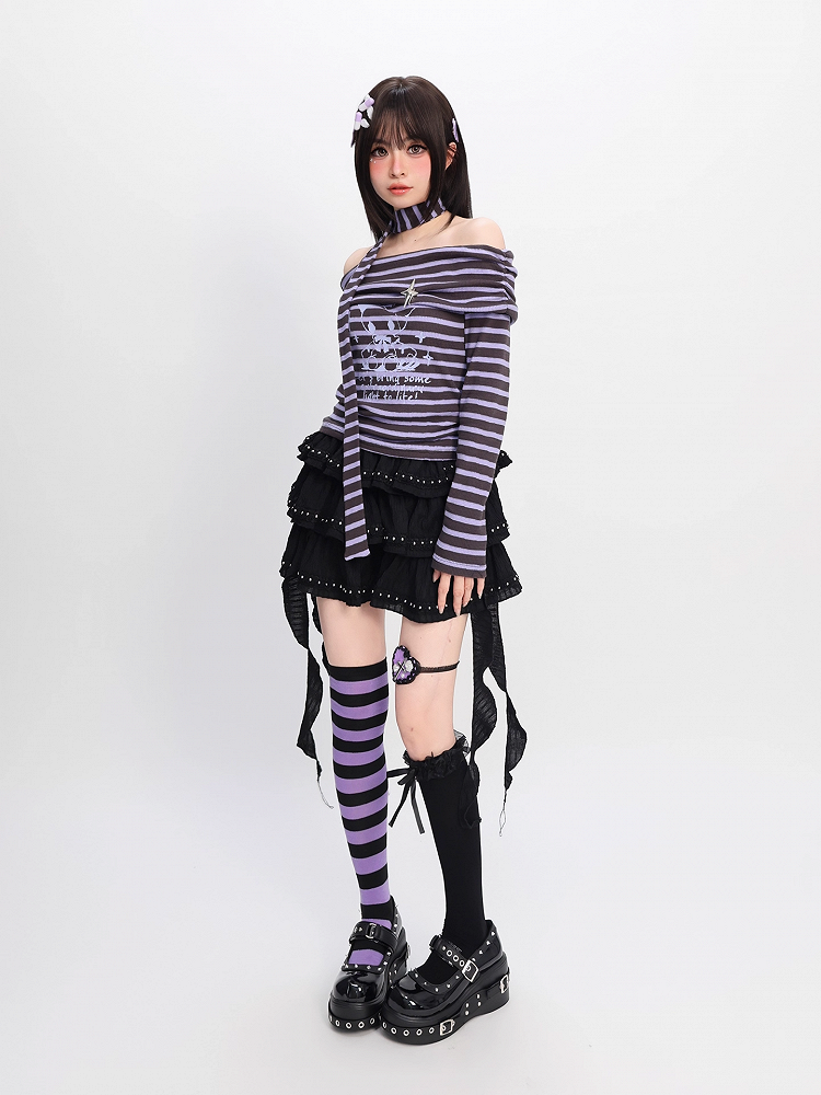 Y2K Off-the-shoulder Neckline Purple and Gray Striped Top with Free Scarf