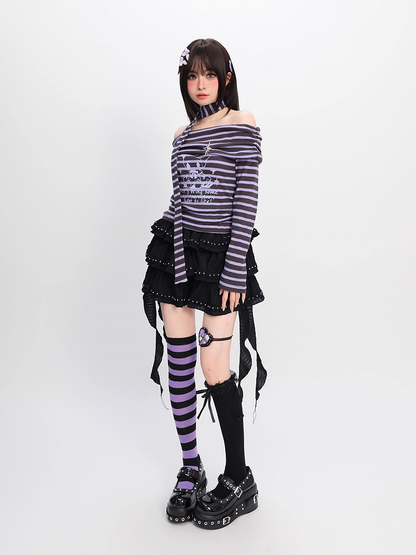 Y2K Off-the-shoulder Neckline Purple and Gray Striped Top with Free Scarf