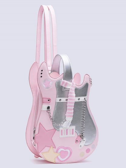 Pink & Silver Star Design Sweetheart Embroidered Guitar-shaped Bag
