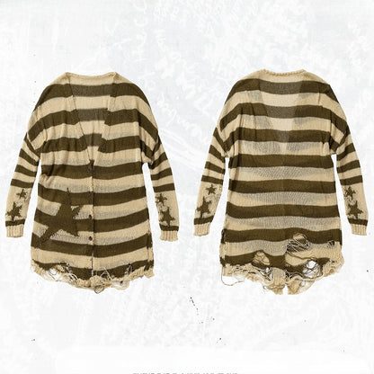 Green Wasteland Punk Striped Pattern Cardigan