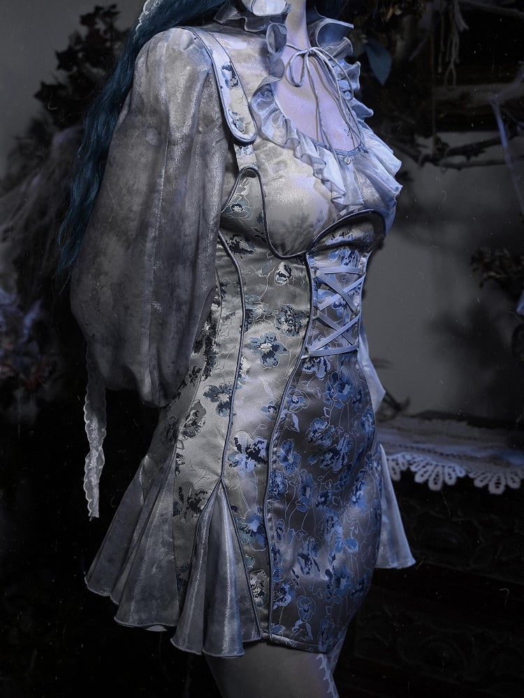 Dusty Blue Under Bust Floral Jacquard Corpse Bride Overall Dress