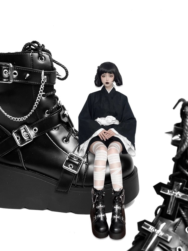 Crosses Black Gothic Platform Boots Spike Studs Punk Boots