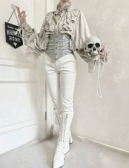 Silver Gothic Lolita Hand bone Embroidery Snakeskin-grain Leather Corset Belt