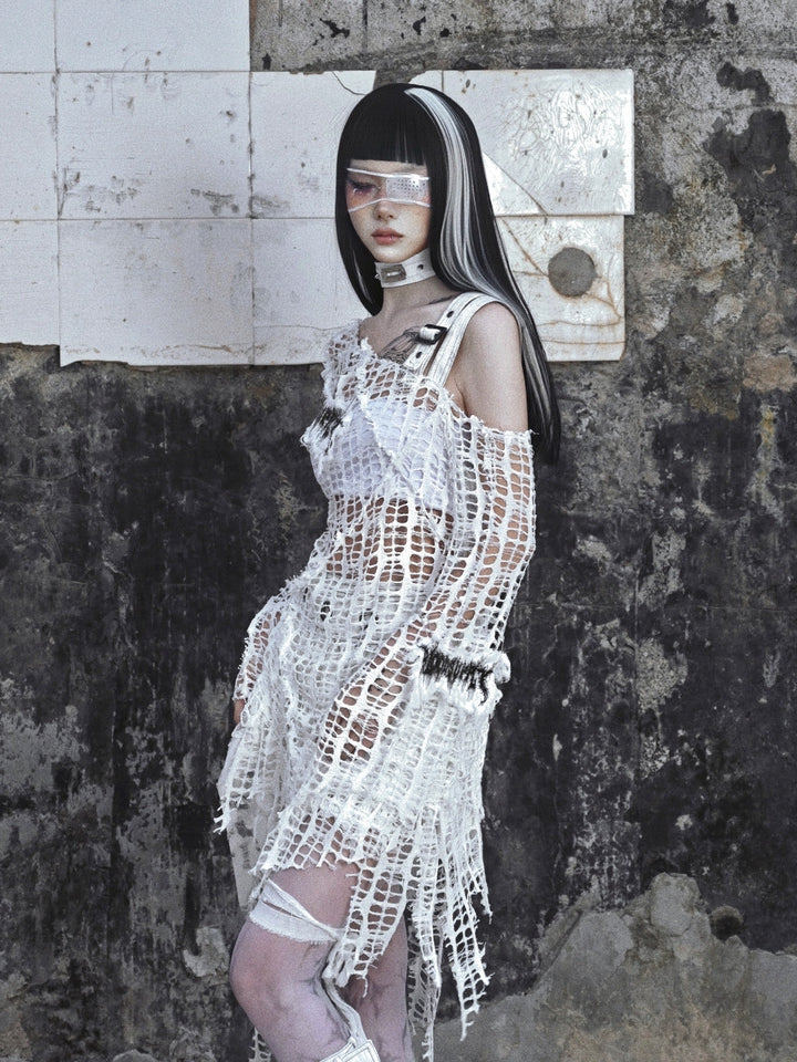 White Bell Sleeves Irregular Distressed Hallow Out Top