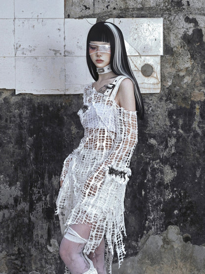 White Bell Sleeves Irregular Distressed Hallow Out Top