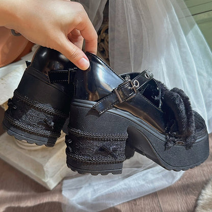 Black Plush Kitty Ear Lace Platform Mary Janes