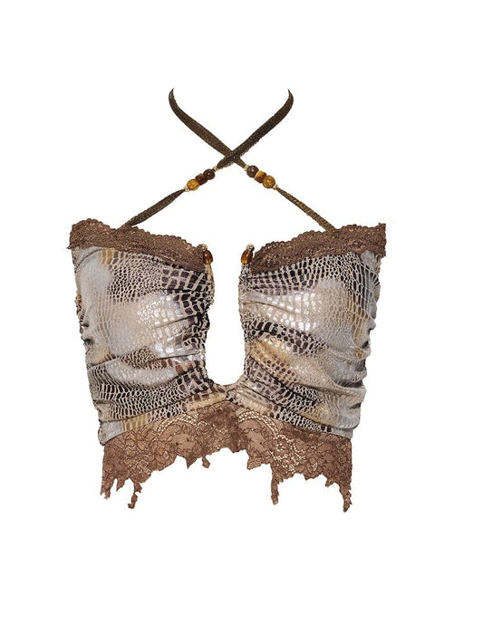Brown Wasteland Punk Snakeskin Pattern Lace Trim Halter Neck Top
