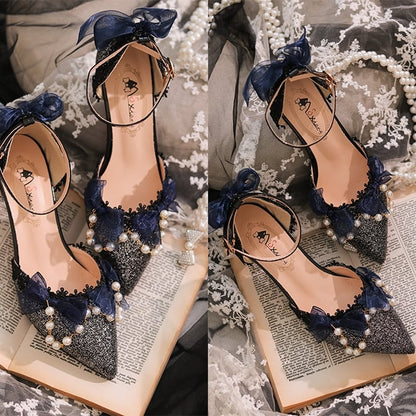 Dark Blue Beaded Chain Pointed Toe Hime Lolita Middle Heels