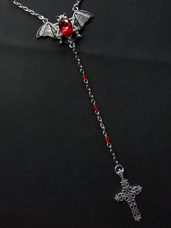 Hexagram Design Gothic Cross and Rhinestones Silver Bat Necklace