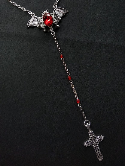 Hexagram Design Gothic Cross and Rhinestones Silver Bat Necklace