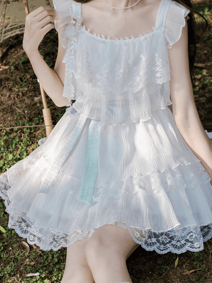 Sweet White Tiered Lace Trim Flutter Sleeves Dress with Brooch and Waist Belt