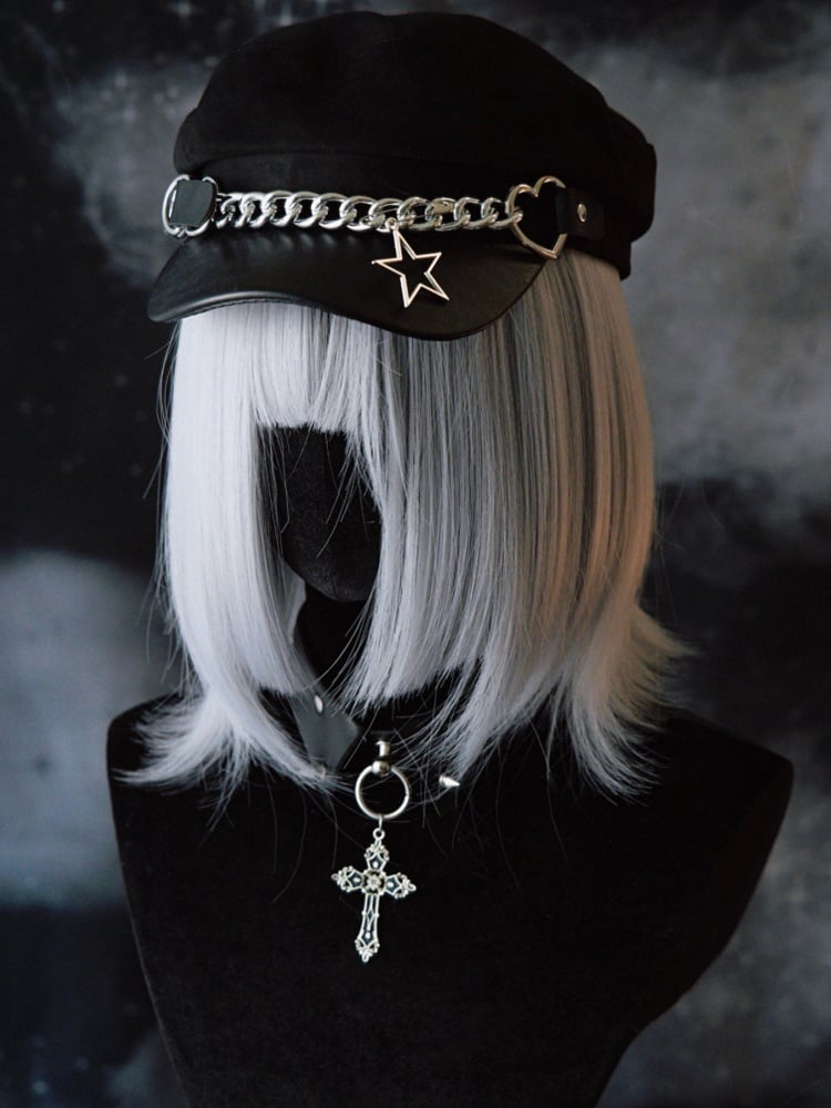Black Gothic Star Charm Heart Buckle Design Beret Hat With Chain