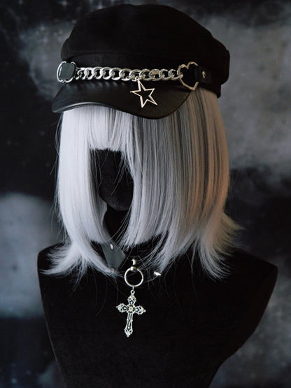 Black Gothic Star Charm Heart Buckle Design Beret Hat With Chain