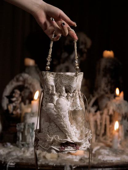 Lace and Bow Accents Vintage Drawstring Top Hand Bag with Heart Pin