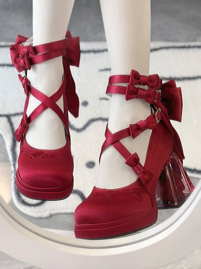 Red Camellia Flower High Block Heel Elegant Platform High Heels