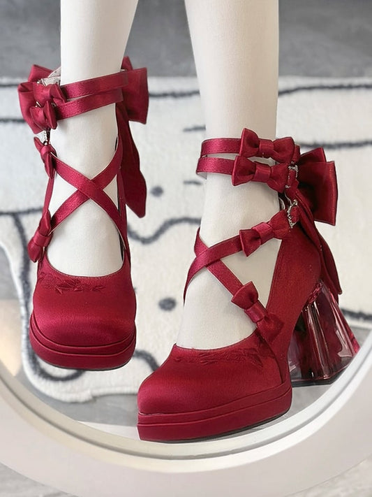 Red Camellia Flower High Block Heel Elegant Platform High Heels