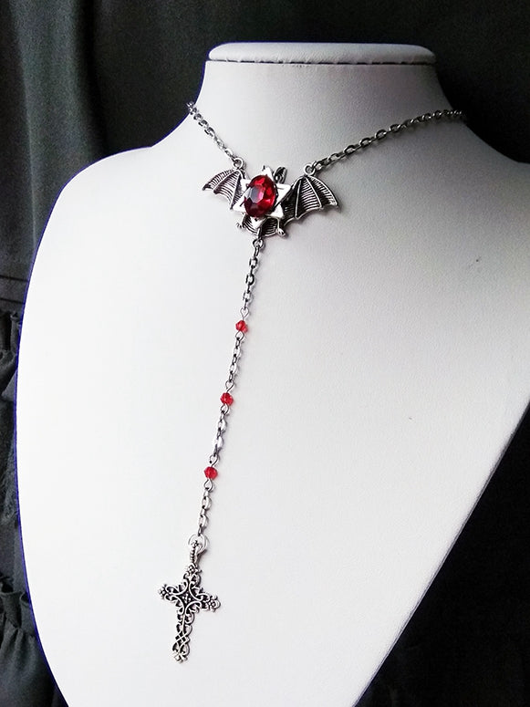 Hexagram Design Gothic Cross and Rhinestones Silver Bat Necklace