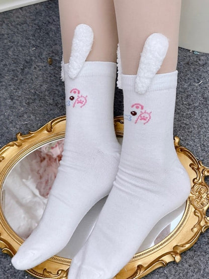 White Bunny Print Calf Socks With Bunny Ears