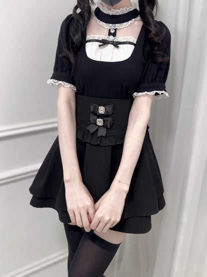 Jirai Kei Black Banded Collar Cutout Front Short Sleeves Blouse