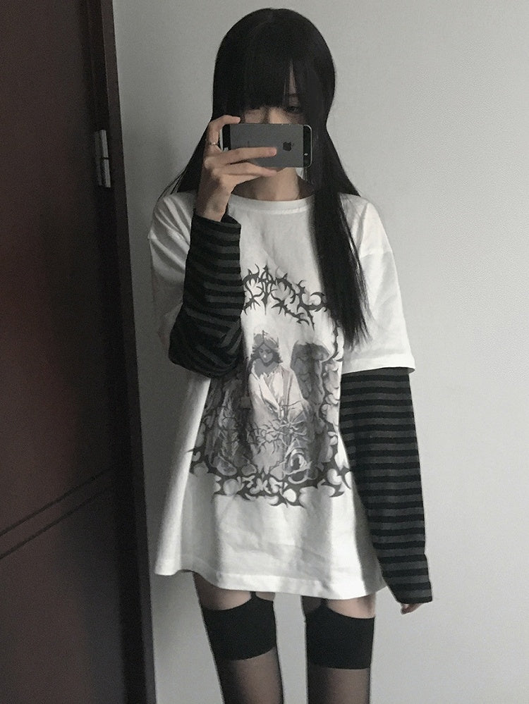 White Dark Kawaii Striped Sleeves Graphic T-shirt