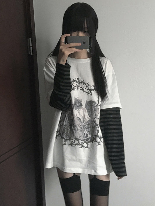 White Dark Kawaii Striped Sleeves Graphic T-shirt