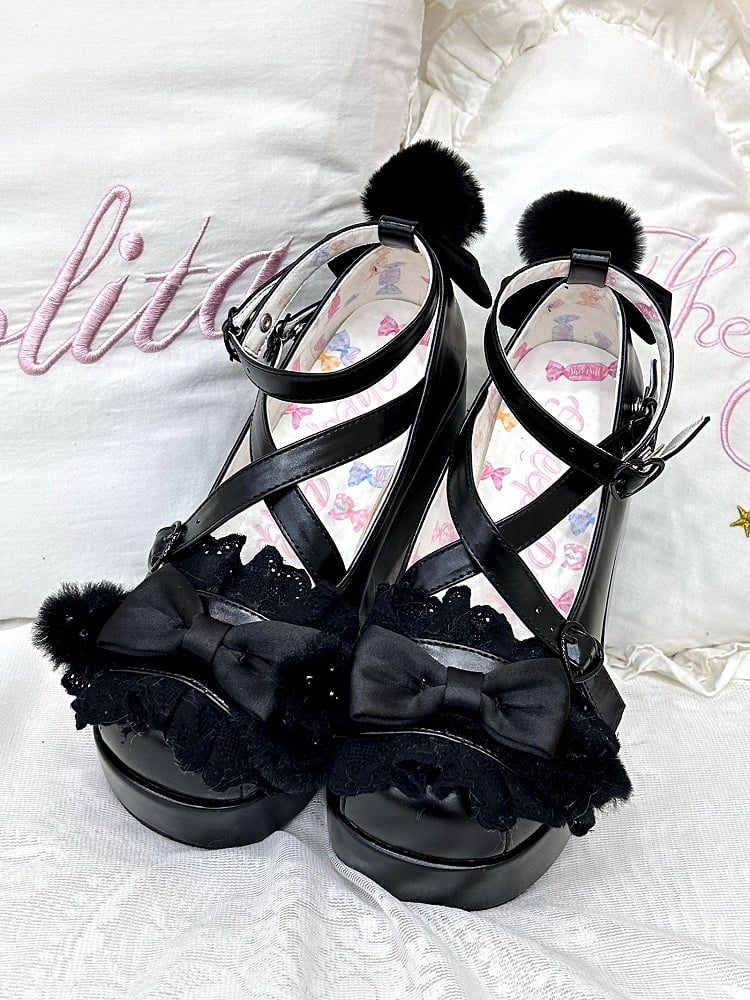 Black Crisscross Design Plush Bunny Ear Decorated Bow at Top Platforms With Pompon