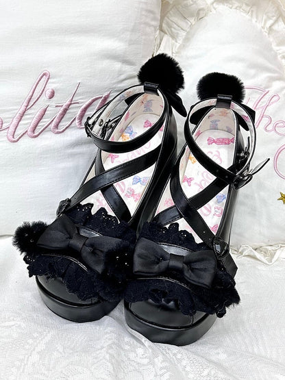 Black Crisscross Design Plush Bunny Ear Decorated Bow at Top Platforms With Pompon
