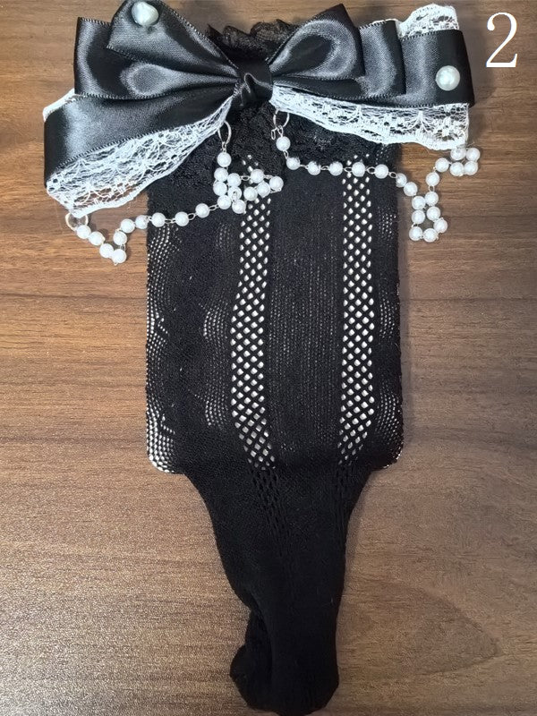 White/Black/Navy Blue/Grey Lolita Bowknot Details Hollow-out Calf Socks