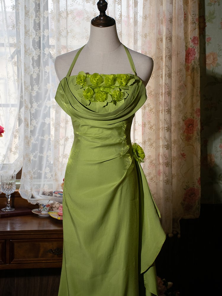 Vintage Green Halter Neck Floral Prom Gown Fairy Dress