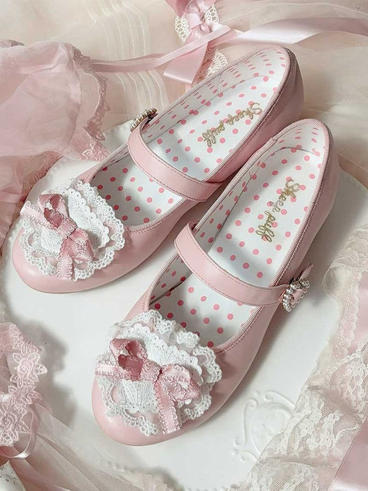 Pink Bow at Top Lace Trim Beaded Heart Buckles Lolita Shoes