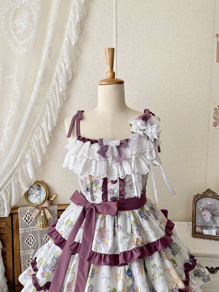 Blueberry and Ice Cream Print Tiered Skirt Purple Ruffle Trimming Lolita Dress