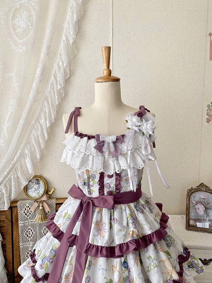 Blueberry and Ice Cream Print Tiered Skirt Purple Ruffle Trimming Lolita Dress