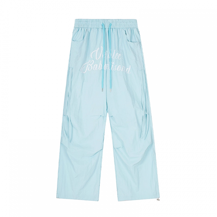 Blue Elastic Waist Letter Embroidery Wide-leg Casual Pants