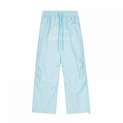 Blue Elastic Waist Letter Embroidery Wide-leg Casual Pants