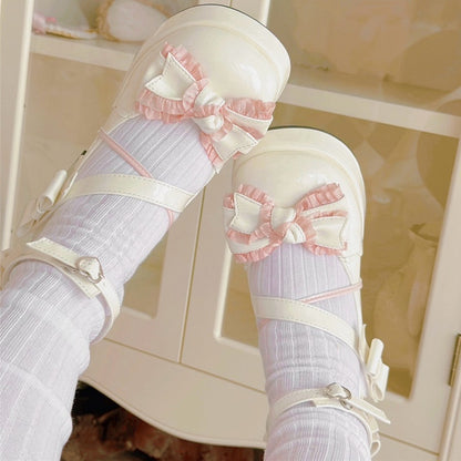 White and Pink Bow Accents Sweet High Block Heel Mary Janes Ankle Strap
