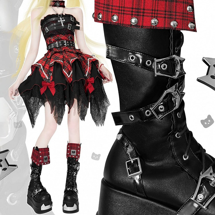Red Plaid Fold-over Trim Kitty Buckle Straps Harajuku Punk Platform Boots