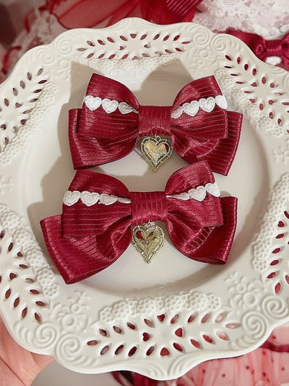 Red Heart Charm Striped Pattern Bowknot Hairclip