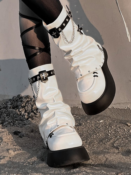 White Punk Cross Decorated Heart Buckle Studs Details Platform Boots