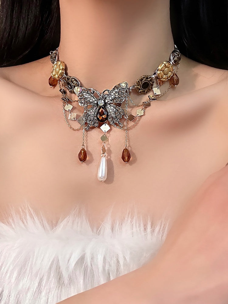 Butterfly Pendant Baroque Necklace Bronze Choker