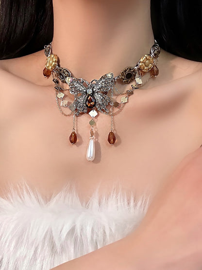 Butterfly Pendant Baroque Necklace Bronze Choker