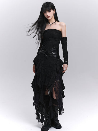 Black Asymmetrical Cascading Ruffles Strapless Dress with Free Armwears