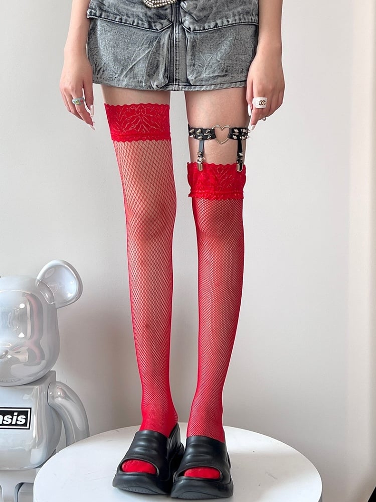 Black/Red/Khaki/White Bittersweet Lace Trim Over-knee Stockings