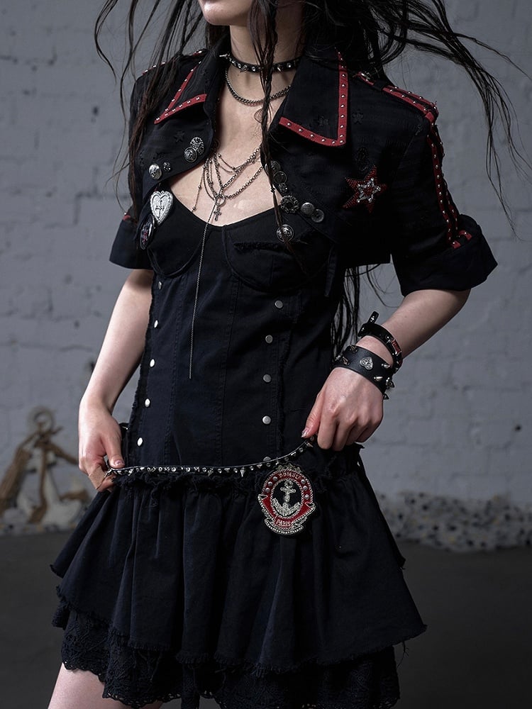 Black/White Pointed Flat Collar Studs and Metal Buttons Open Placket Navycore Top