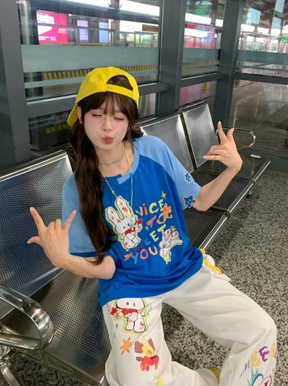 Cartoon Bunny Print White Low Waist Wide-leg Jeans