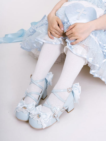 Blue Sweet Lolita Bowknot Details Crisscross Design Heart Buckle Straps 5CM Block Heels Shoes